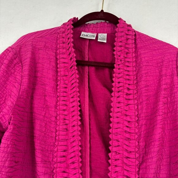Chicos Open Jacket Size L Fuchsia Pink Embroidered Braided Pleated Texture - Picture 2 of 10